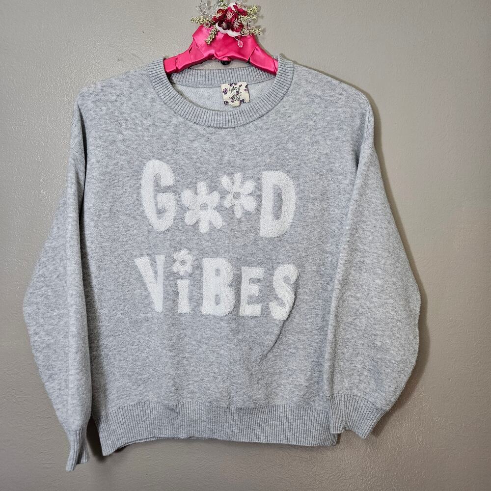 Y2K Hippie Rose Women L Gray Good Vibes Daisy Graphic Crewneck Sweatshirt Preppy
